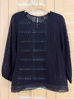 Eclair Navy Sheer Textured Blouse with Lace Trim, 3/4-Sleeves, Small Petite